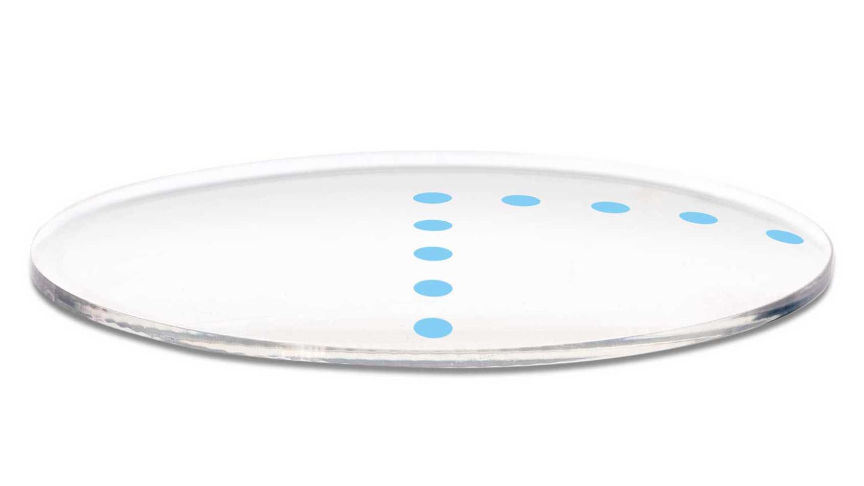 3D illustration of lens showing nine blue dots in two perpendicular meridians and blended in between symbolizing the nine free parameters used to optimize the lens design.