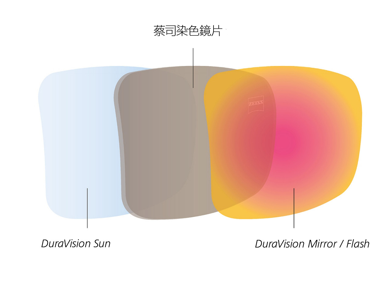 帶正反面鏡片鍍膜的蔡司染色鏡片（專門針對日光）之圖解說明 