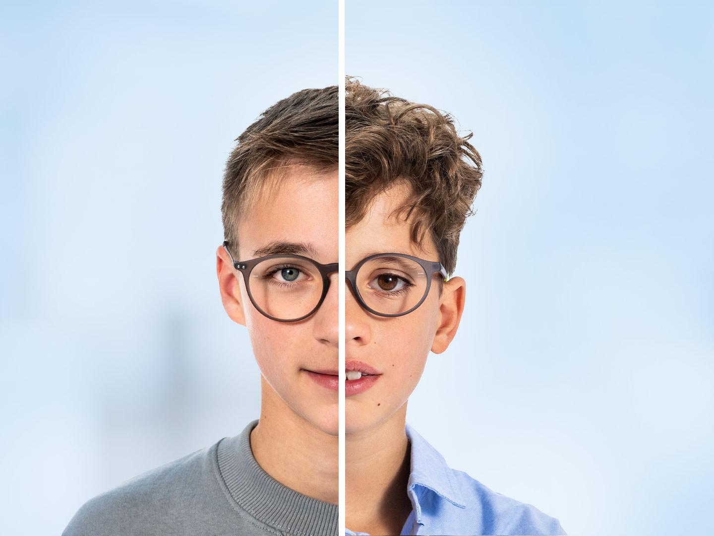 Half of a teen boy face next to one half of a younger boys face.