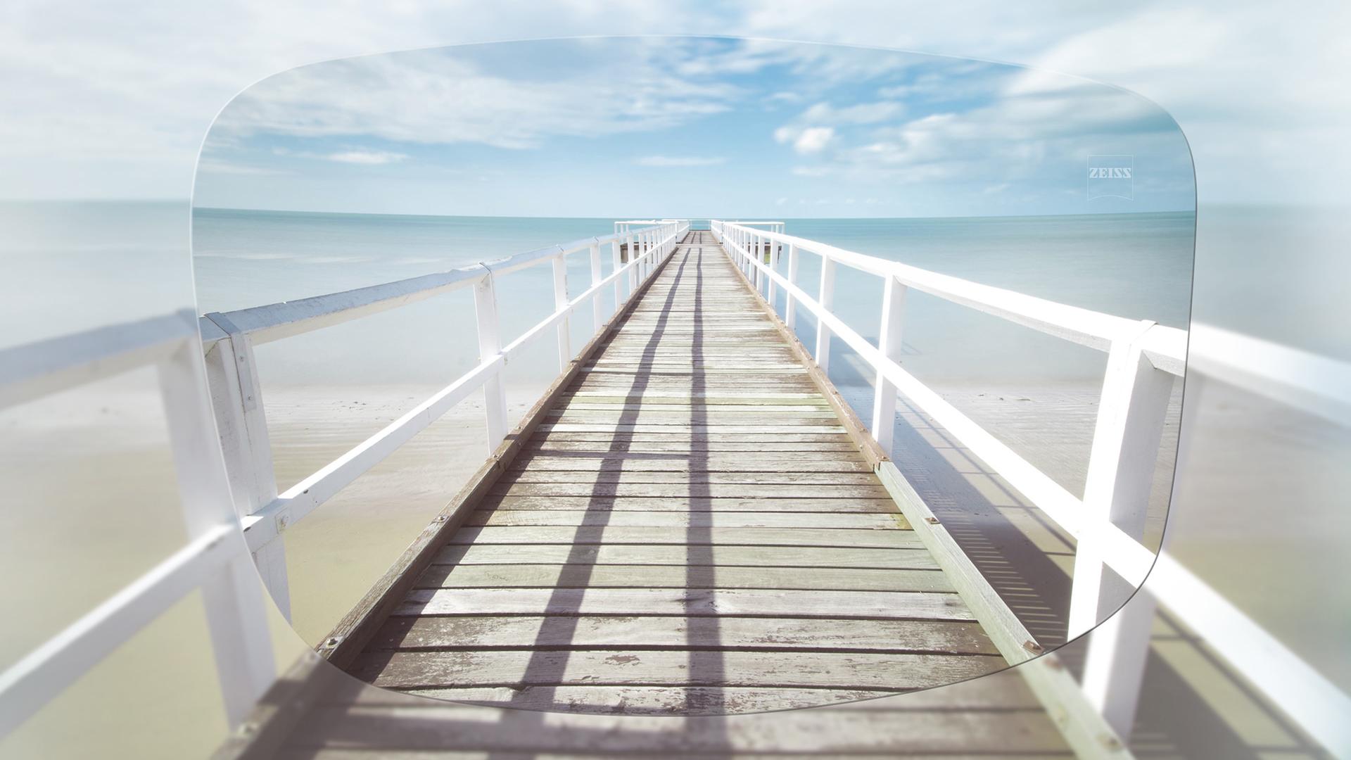 View through ZEISS Single Vision Stock (FSV) lens at pier on a sunny day 