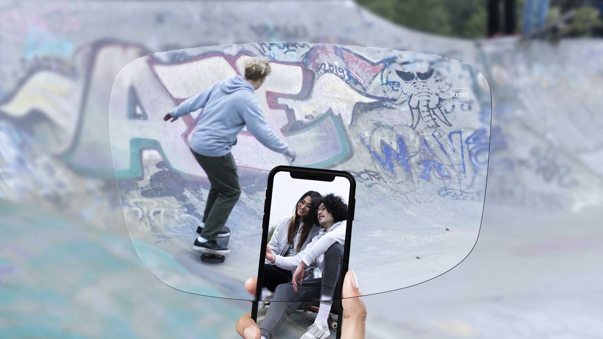 View of a skate park through ZEISS Single Vision SmartLife lenses. 
