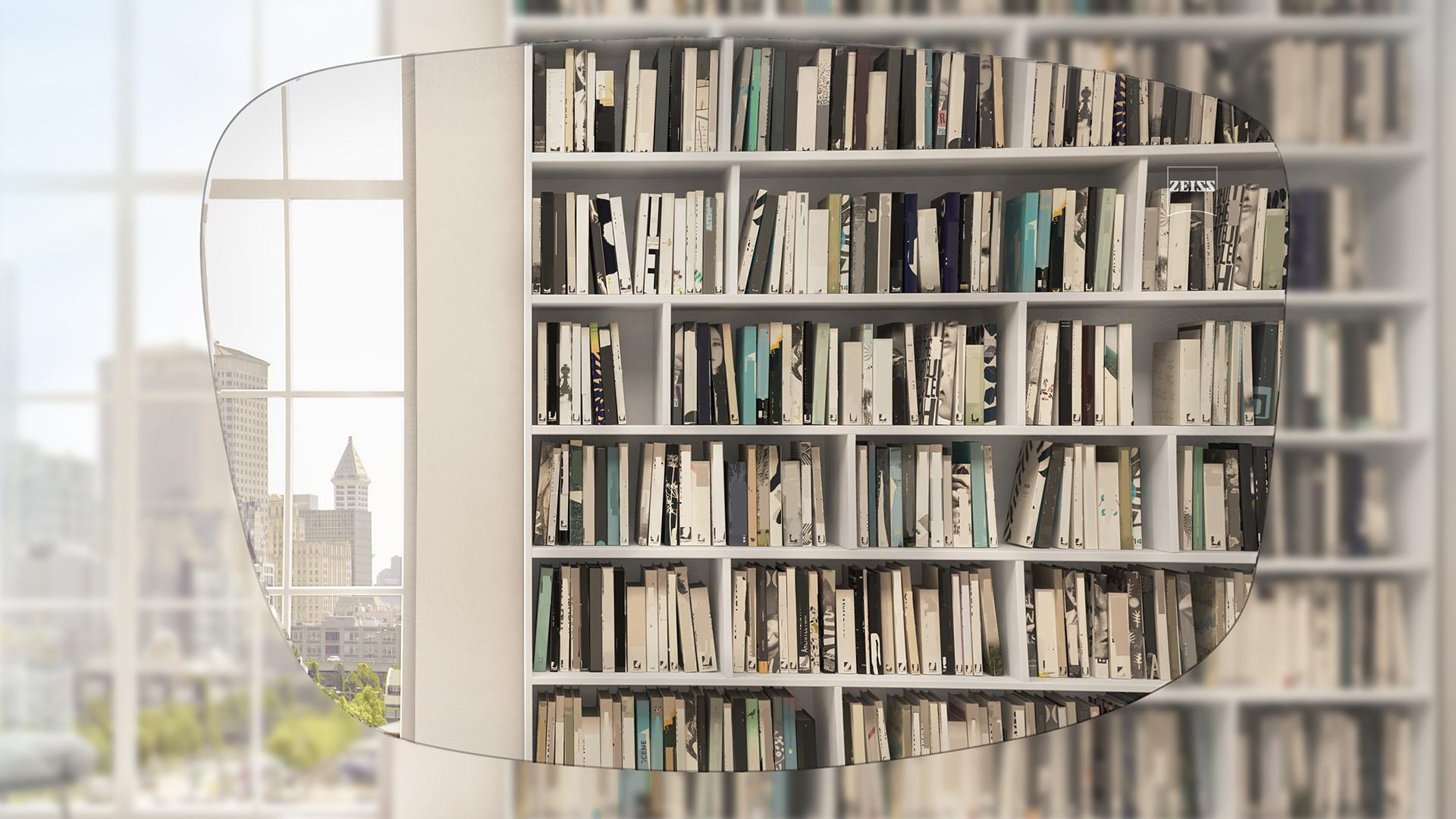 Distorted view through lens of bookshelf and window. ZEISS Single Vision AS lenses offer excellent visual quality. 