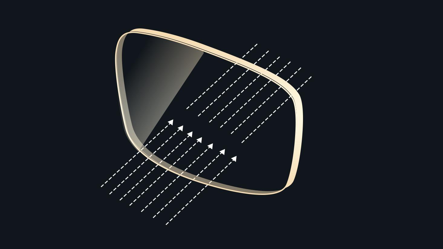 An image with a spectacle lens on a black background with golden arrows to simulate the clarity in low light.