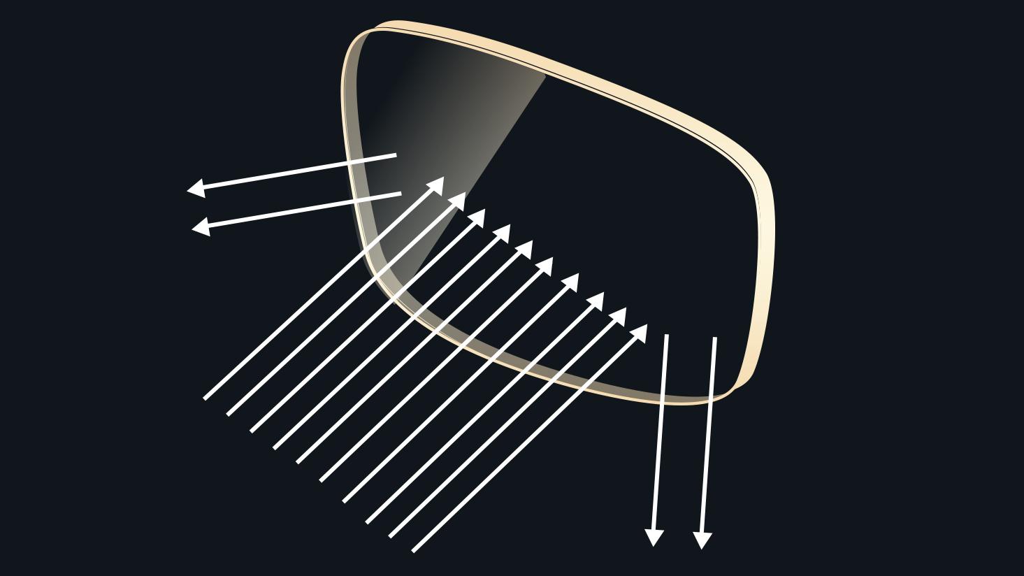 An image with a spectacle lens on a black background with golden arrows to simulate the strong reflection of light.