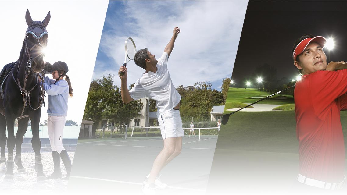 A collage of three images showing people doing different kind of sports.