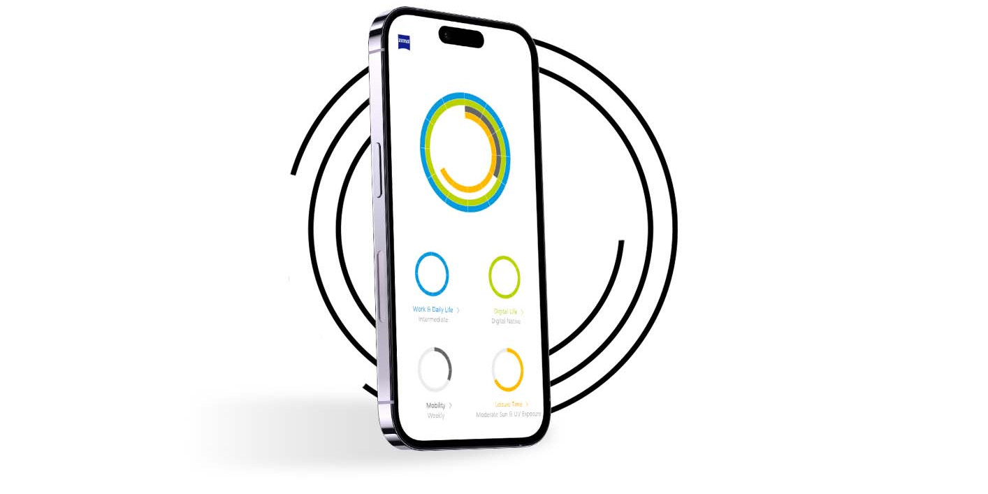 黑色圓環前面的智能手機以各種顏色的圓環展示「我的視覺資料」用戶的視覺資料。