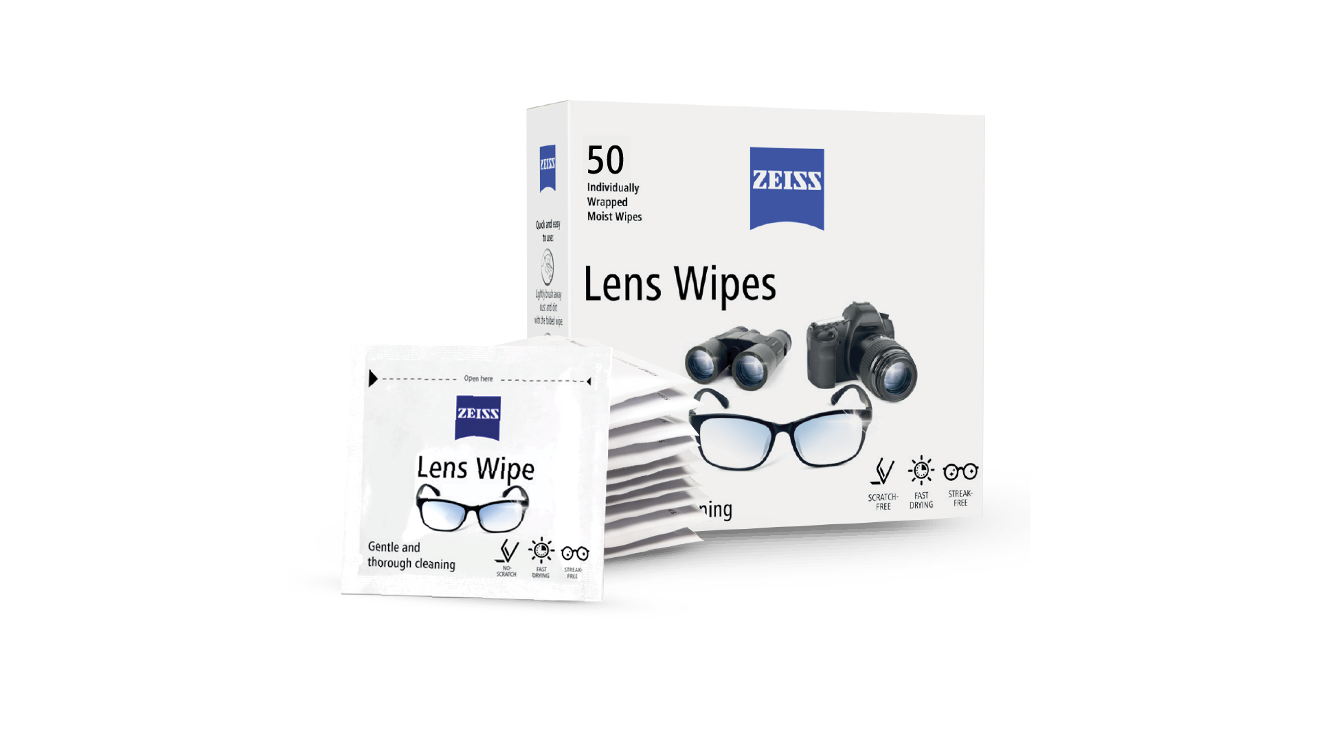 An image of ZEISS lens cleaning wipes and spray.