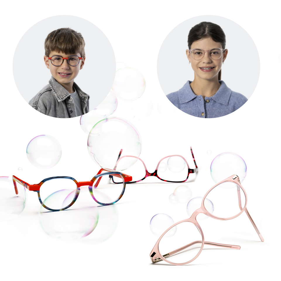一名戴眼鏡男童的人物圖像，男童身旁是另一名年紀較大的女孩戴著眼鏡的人物圖像。下方是各種眼鏡架和鏡片的兩張照片。