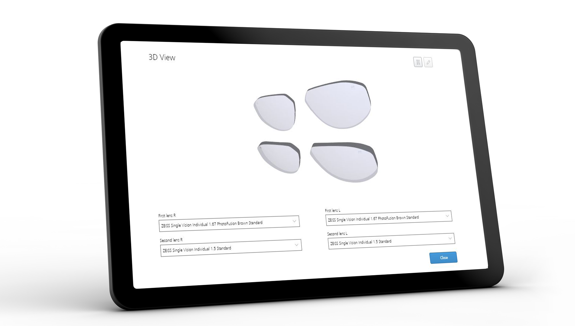 平板電腦螢幕顯示蔡司 VISUSTORE 的 3D 視圖介面 