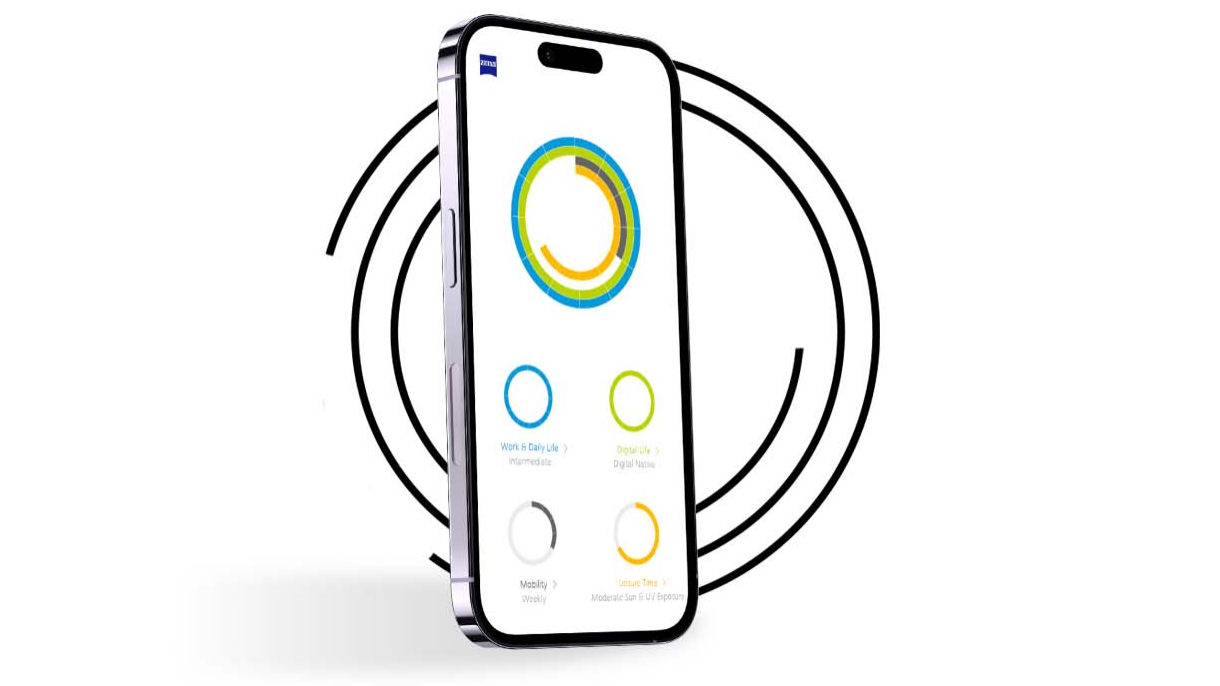 黑色圓環前面的智能手機以各種顏色的圓環展示「我的視覺資料」用戶的視覺資料。 