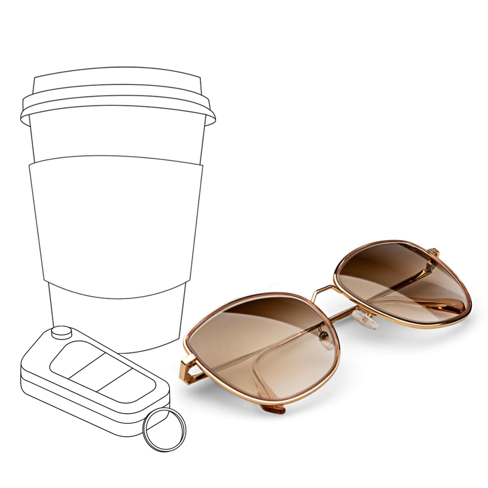 描繪的咖啡杯和車鑰匙旁邊是真實的蔡司漸變啡色太陽鏡圖像。