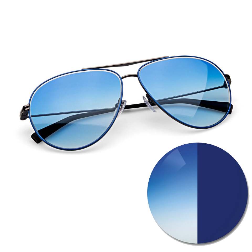 蔡司 AdaptiveSun 漸變藍色眼鏡，顯示一個光線中的色點和深色染色色調