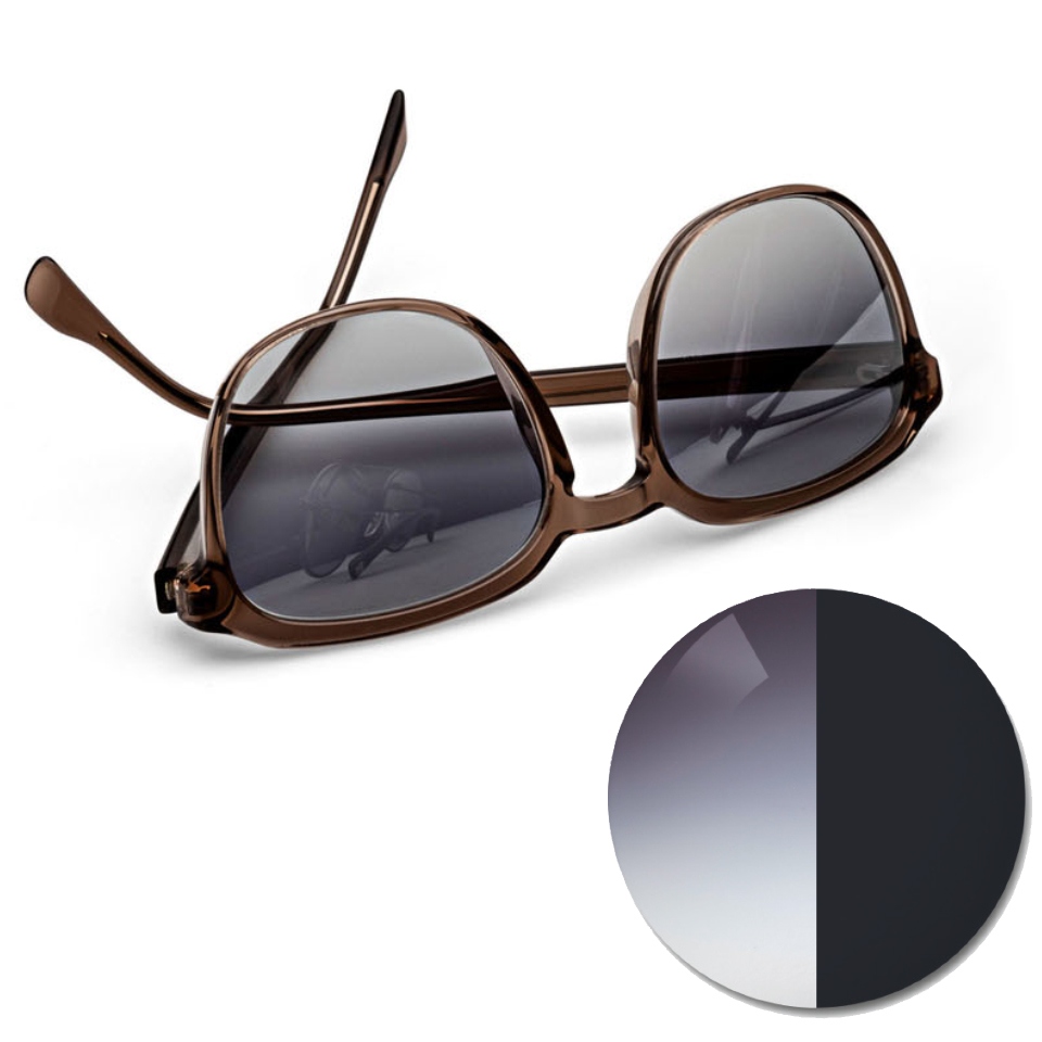 蔡司 AdaptiveSun 漸變灰色眼鏡，顯示一個光線中的色點和深色染色色調
