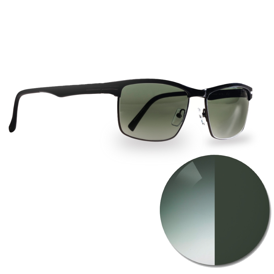 蔡司 AdaptiveSun 漸變灰綠色眼鏡，顯示一個光線中的色點和深色染色色調