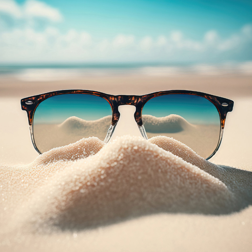 具備鏡面效果的太陽鏡卡在沙灘上的沙子裡。